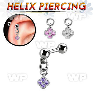 bber76 steel helix barbell w dangling flower w prong set czs 