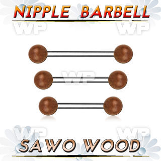 bbnpsw5 organic nipple barbell w two 5mm sawo wood balls