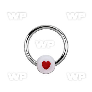bchr steel ball closure ring w a acrylic disk w red heart