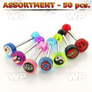 blk158 316l steel tongue barbell w 8mm assorted logos flat top