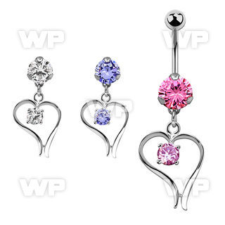 bnrz12 casted steel cz belly banana w heart w round shaped cz