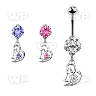bnrz373 casted steel cz belly banana w double heart w round cz