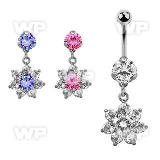 bnrz46 casted steel cz belly banana w dangling cz flower design