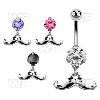 bnrz517 casted steel cz belly banana w up turned mustache design