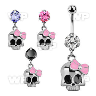 bnrz650 casted steel cz belly banana w skull w a pink ribbon