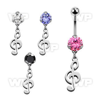 bnrz709 casted steel cz belly banana w dangling musical note