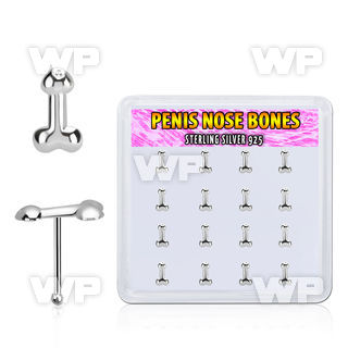 box w 16 pcs. silver nose bones, 22g w penis shape top