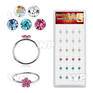 box w 24 silver seamless nose hoop w color crystal flower