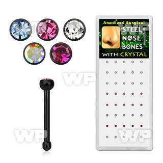 box w 40 black steel nose bone 20g w round crystal tops