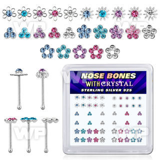 box w 52 silver nose bones w flower crystal tops
