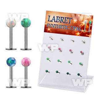 dacb224 display w 316l steel labrets w 3mm synthetic opal ball