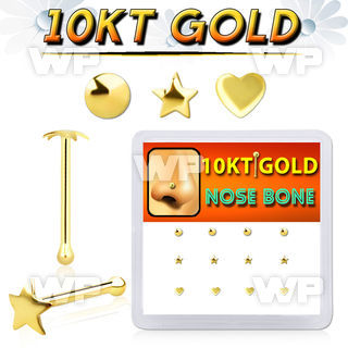 dginb10 10kt gold nose bone with star, heart and disc gold tops 