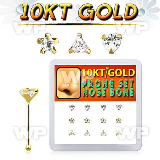 dginb20 box w 10kt gold nose bones w 3mm cz in mixed shapes