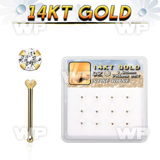 dgnb22 box w 12 pcs. of 14kt gold nose bones w 1.25mm clear cz 