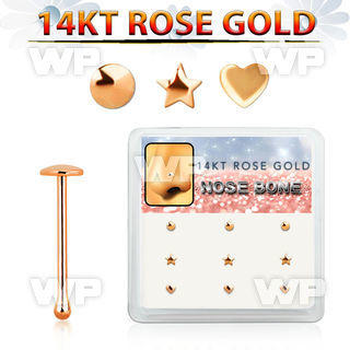 drnb10 box w 14kt rose gold nose bones w star, heart ,disc top
