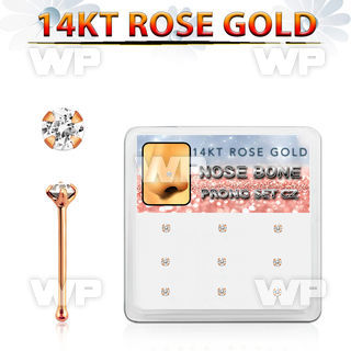 drnb7 box w 9 14kt rose gold nose bones w 1.5mm round cz stone