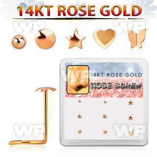 drsc19 box w 9 14kt rose gold nose screws w assorted shaped top