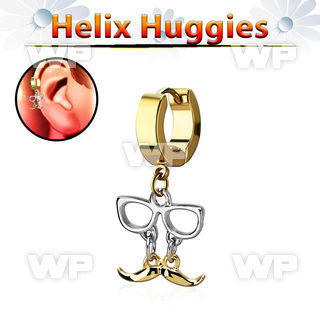 ehg507 gold steel helix huggie w dangling gold mustache w