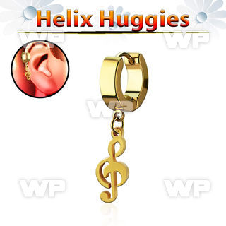 ehg709 gold steel helix huggie w dangling gold musical note