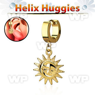 ehg726 gold steel helix huggie w dangling gold colored sun