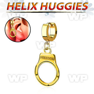 ehg765 gold stainless steel helix huggie w dangling handcuff