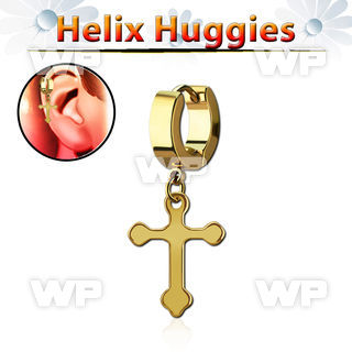 ehgcro gold stainless steel helix huggie w dangling steel cross