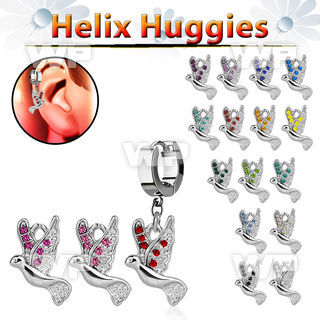 ehh550 helix huggie w a dangling dove with tiny crystals