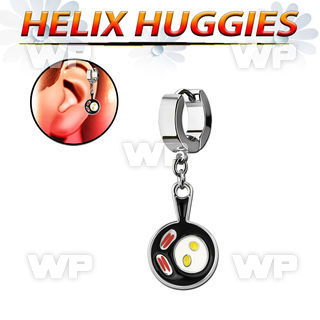 ehh646 helix huggie w a dangling bacon and eggs in a black pan