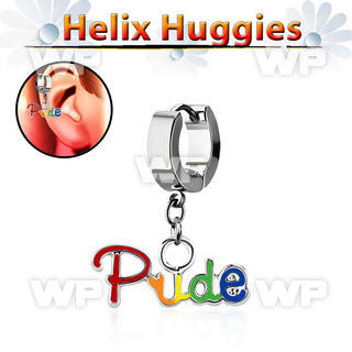 ehh648 helix huggie w a dangling gay pride slogan