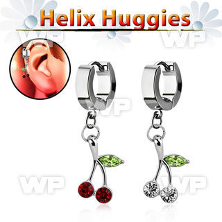 ehhch10 helix huggie w a dangling tiny crystal cherry design