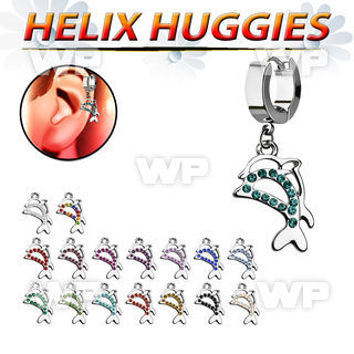 ehhdp17 steel helix huggie w crystal studded twin dolphin 