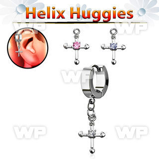 ehhz14 helix huggie w a dangling cross with a central round cz