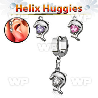 ehhz300 helix huggie w a dangling dolphin design with cz