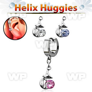 ehhz378 helix huggie w a dangling ladycat design w round cz