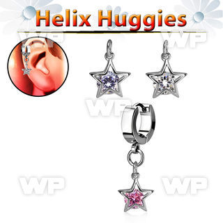 ehhz414 steel helix huggie earring w a dangling star w round cz