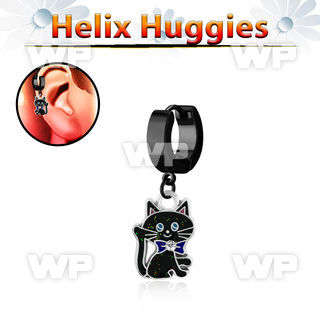 ehk503 black steel helix huggie w dangling black cat design