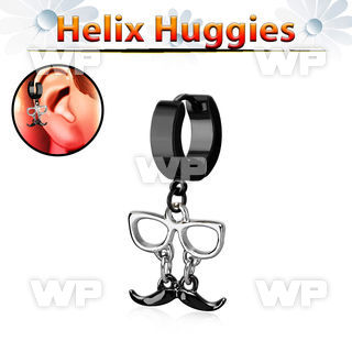 ehk507 black steel helix huggie w dangling black mustache