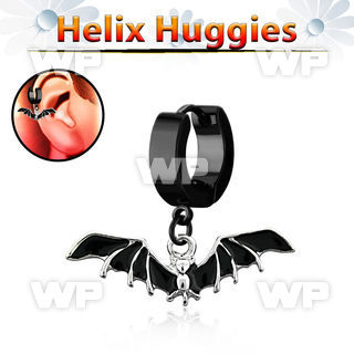 ehk569 black steel helix huggie w dangling black bat