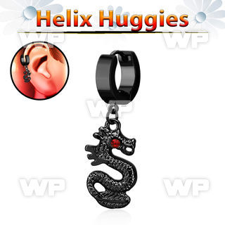 ehk721 black steel helix huggie w dangling dragon w crystal eye