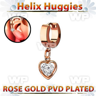 ehrz419 rose gold steel helix huggie w dangling heart w round cz