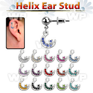 erbd734 316l steel helix ear stud w a dangling moon w crystals