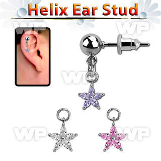 erbdz413 ball shaped steel helix ear stud w dangling cz flower