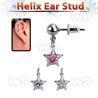 erbdz414 ball shaped steel helix ear stud w dangling star w cz