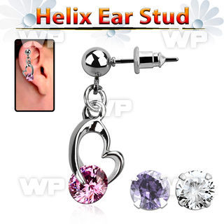 erbz377 ball shaped steel ear stud w heart with round cz