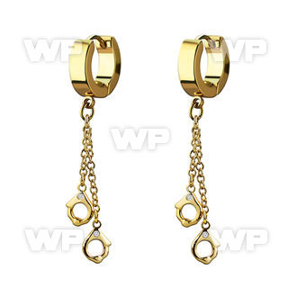 erg652 gold steel huggies earrings w dangling handcuffs