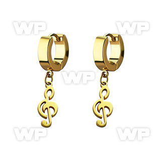 erg709 gold steel huggies earrings w dangling musical note