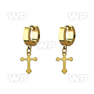 ergcro gold steel huggies earrings w dangling cross