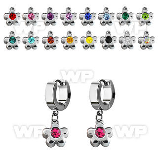erh399 steel huggies earrings w dangling flower w a big crystal