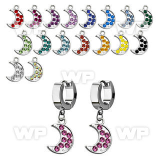erh401 steel huggies earrings w dangling moon w crystals