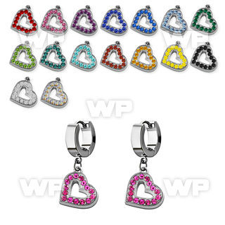 erh402 steel huggies earrings w dangling crystal studded heart
